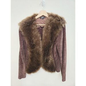 Lisa International Brown Faux Fur Trim Cardigan Y2K Size XL